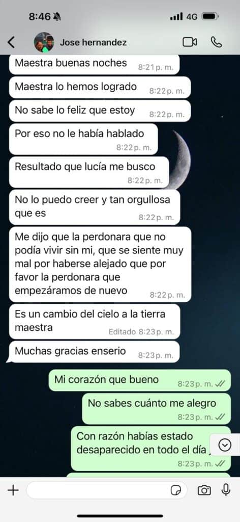 Captura de WhatsApp de José Hernández donde relata cómo Lucía volvió a su vida tras un amarre de amor